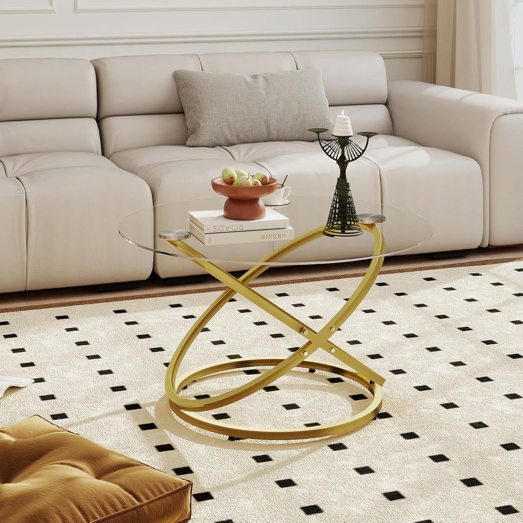 Glass Coffee Table, Round Coffee Table with Ring Gold Metal Frame, Large Modern Minimalist Coffee Table for Decoration, Coffee Tables for Living Room, Study Room, Office