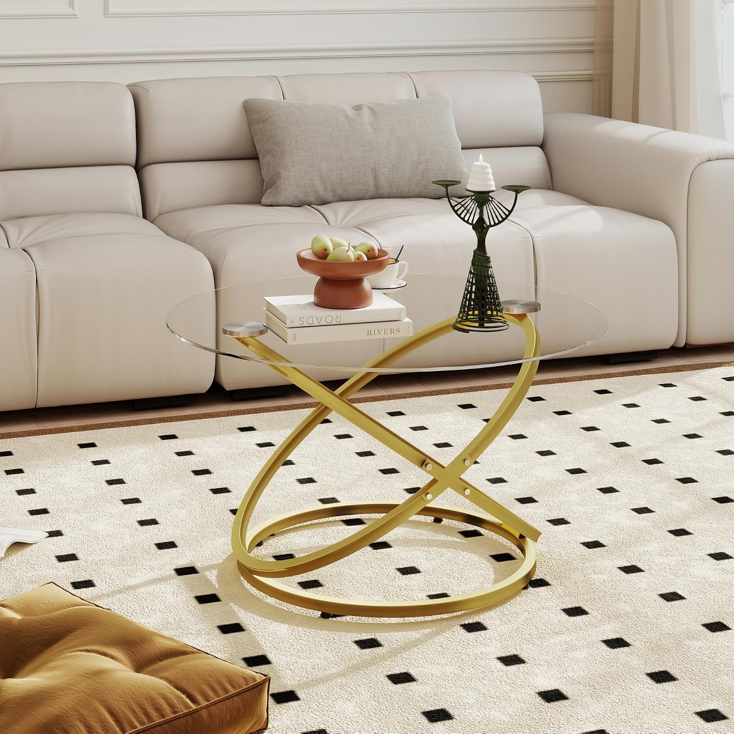 Glass Coffee Table, Round Coffee Table with Ring Gold Metal Frame, Large Modern Minimalist Coffee Table for Decoration, Coffee Tables for Living Room, Study Room, Office