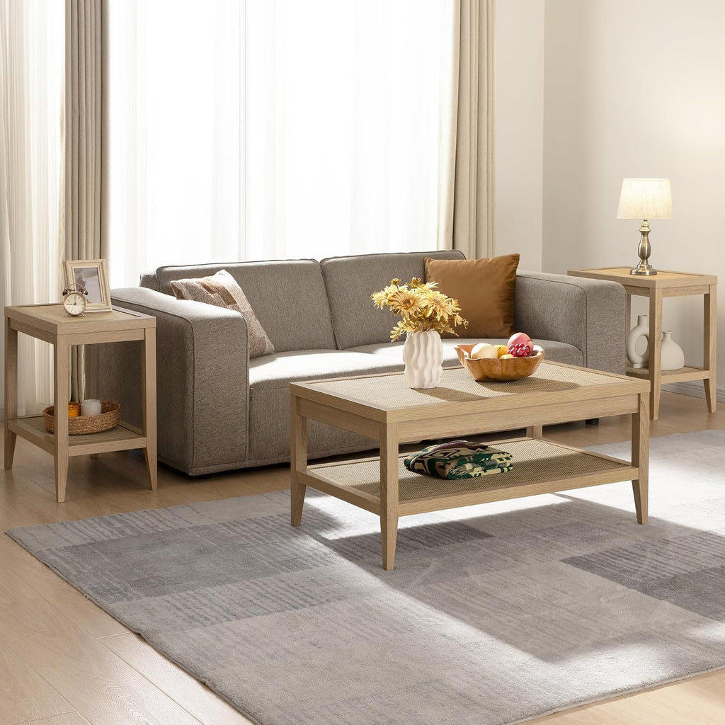 SICOTAS Rattan Coffee Table Set, 3-Piece Farmhouse End Table Set with Rectangle Center Coffee Table & 2 Accent Sofa Side Tables for Living Room, Light Oak