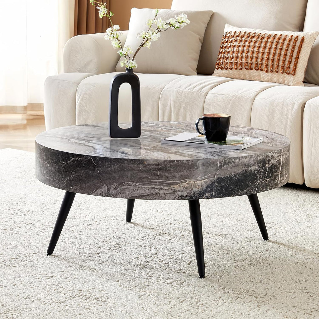 31.5' Modern Round Coffee Table,Small Coffee Tables Center Table with Metal Legs Marble-Patterned Tabletop for Living Room Office Apartment,Easy to Assemble, Grey Marble