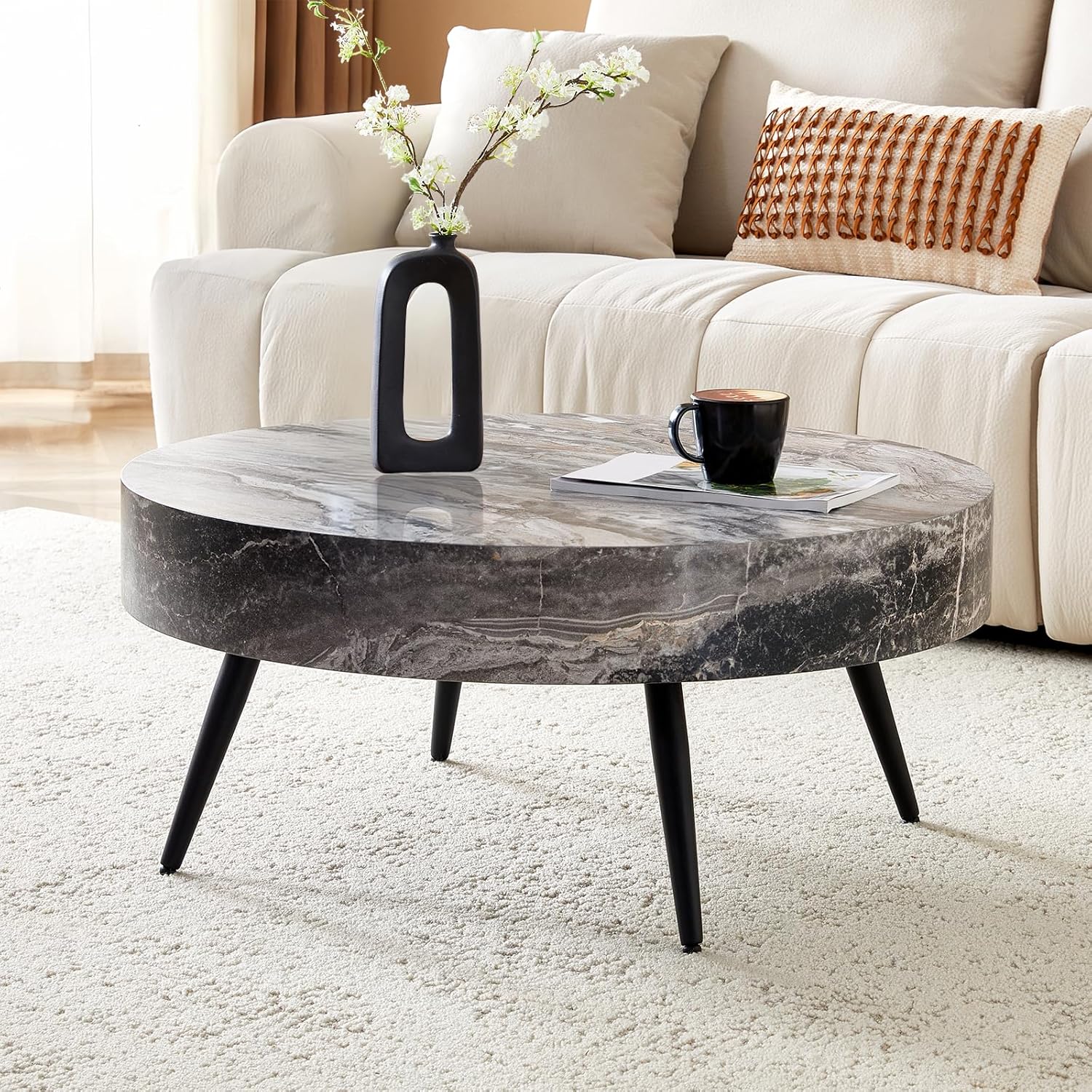31.5' Modern Round Coffee Table,Small Coffee Tables Center Table with Metal Legs Marble-Patterned Tabletop for Living Room Office Apartment,Easy to Assemble, Grey Marble