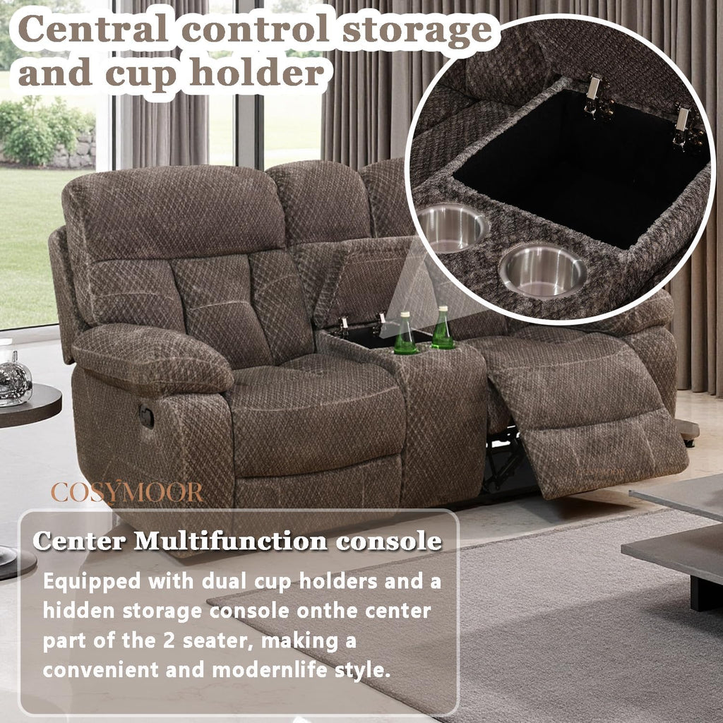 Fabric Recliner Sofa Set with Cup Holder, 3 Pieces Living Room Furniture Sets, Manual Reclining Sofa Set with Storage, Modern Reclining Couches for Living Room/Office