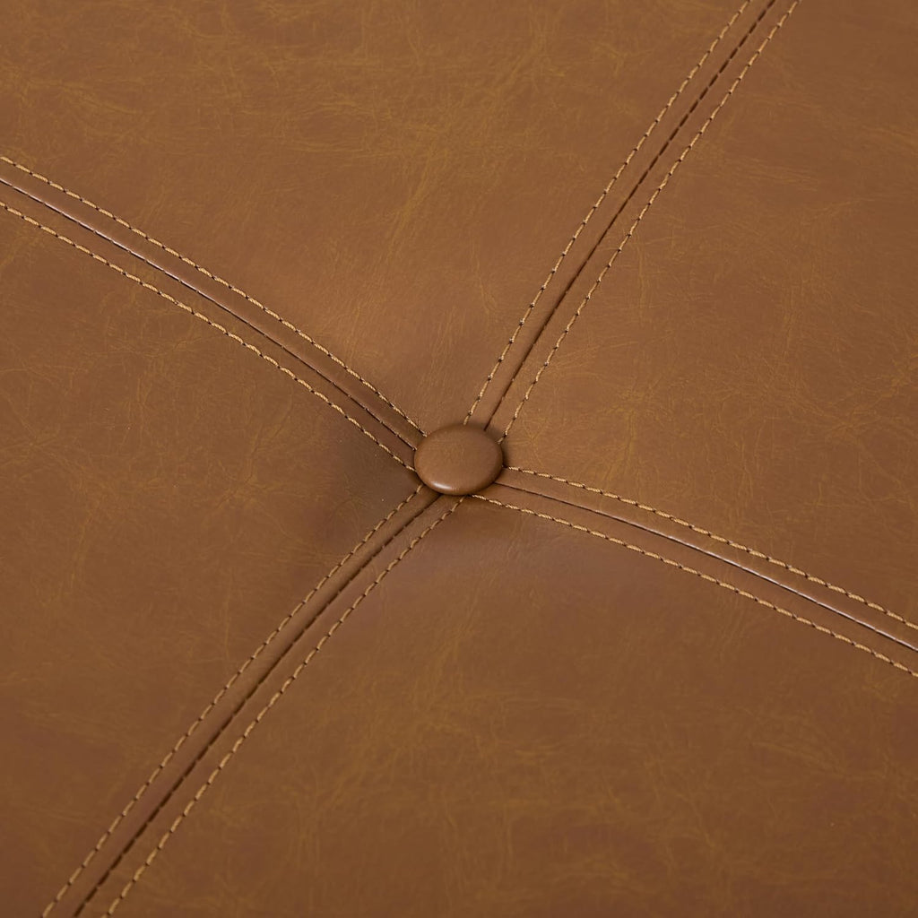 Christopher Knight Home Ladin Modern Round Ottoman Coffee Table, Faux Leather Cocktail Ottoman for Living Room Sofa, Entryway Comfortable Footstool, Wooden Ottoman Foot Rest, Light Brown+Walnut