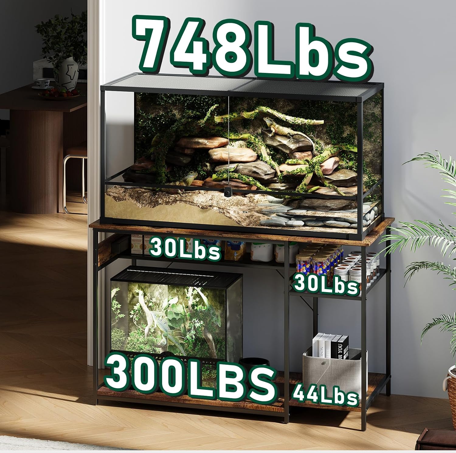 Reptile Tank Stand with Power Outlets，48' X 24' Tabletop Fits up to 120 Gallon Bearded Dragon Enclosure Stand，Double Snake Terrarium Table with Light
