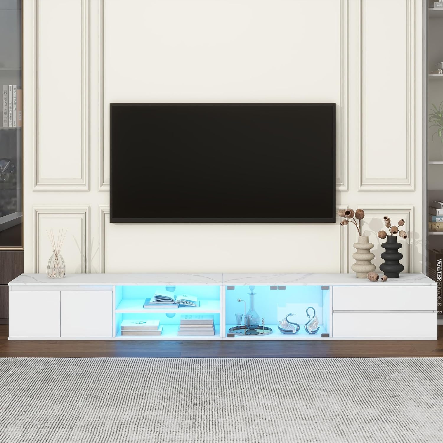Virubi TV Stand with Faux Marble Tabletop for TVs Up to 105', Modern Media Console with APP Controlled LED & Tempered Glass Doors, Entertainment Center with Drawers for Living Room, White