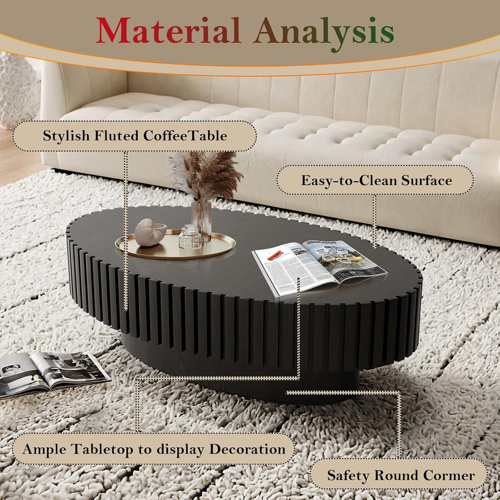 Handcraft Fluted Coffee Table 43.3' Oval Drum Center Tables with Sturdy Pedestal Easy to Assembly for Living Room Apartment Farmhouse (Oval Black 43.3in)