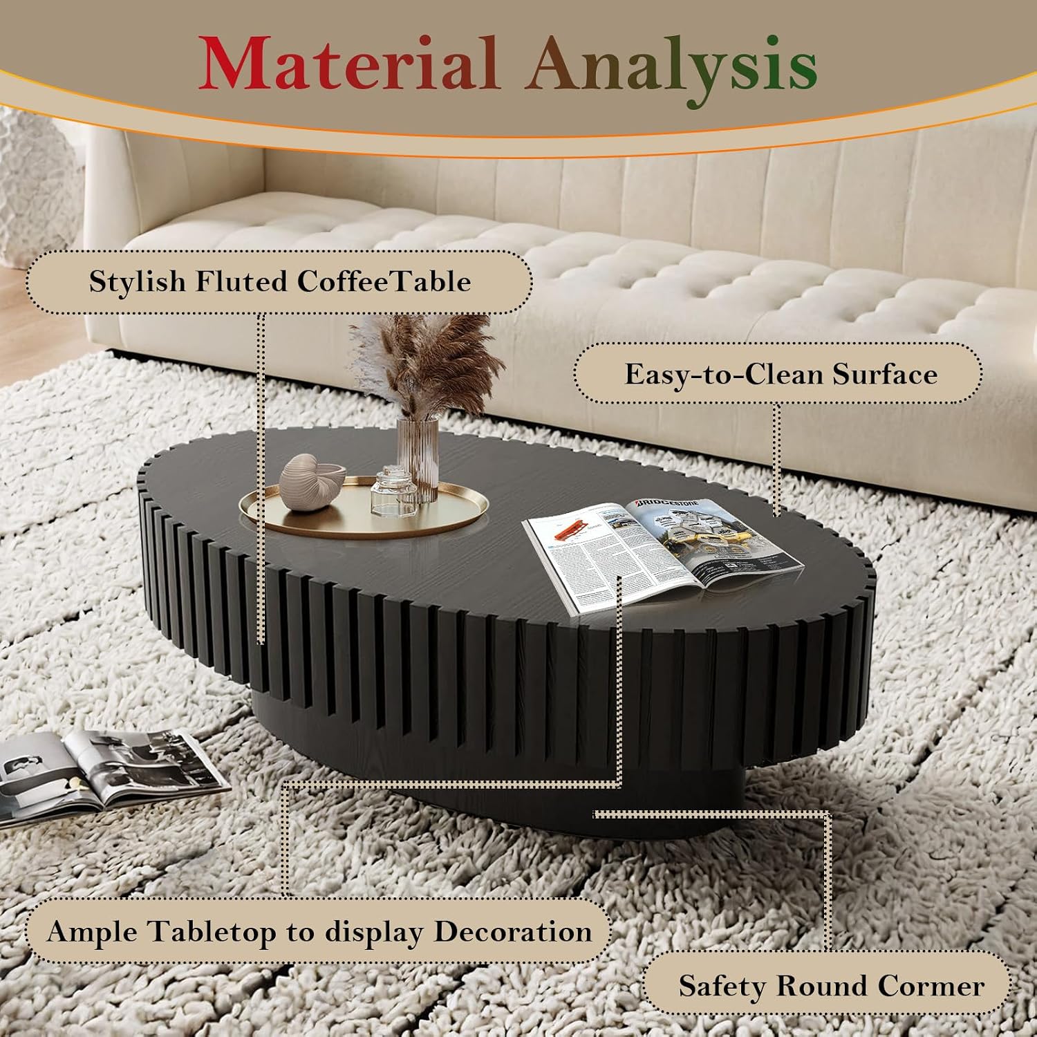 Handcraft Fluted Coffee Table 43.3' Oval Drum Center Tables with Sturdy Pedestal Easy to Assembly for Living Room Apartment Farmhouse (Oval Black 43.3in)