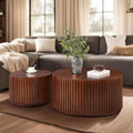 Round Wood Coffee Table Set of 2, Handcraft Drum Side Table End Table for Living Room, Modern Circle Wooden Coffee Table Set for Small Space, No Need Assembly(Espresso,31x31x16 in)