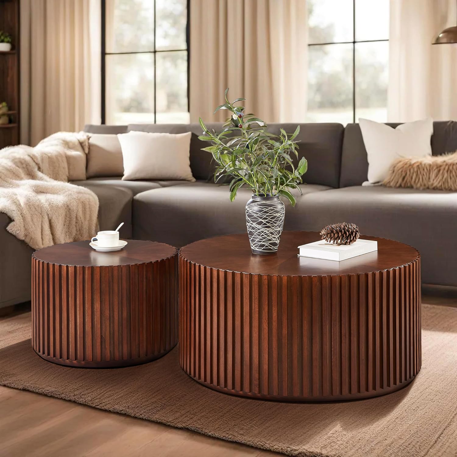Round Wood Coffee Table Set of 2, Handcraft Drum Side Table End Table for Living Room, Modern Circle Wooden Coffee Table Set for Small Space, No Need Assembly(Espresso,31x31x16 in)
