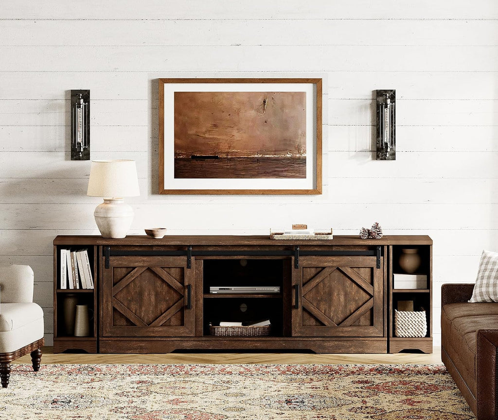 WAMPAT 3-in-1 Modern Farmhouse TV Stand for up to 95' TV, 25.6' H Wood Entertainment Center with Sliding Barn Door and Adjustable Media Storage Shelf for Living Room, Dark Walnut Brown