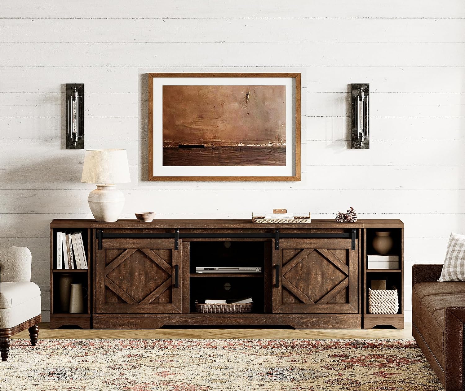 WAMPAT 3-in-1 Modern Farmhouse TV Stand for up to 95' TV, 25.6' H Wood Entertainment Center with Sliding Barn Door and Adjustable Media Storage Shelf for Living Room, Dark Walnut Brown