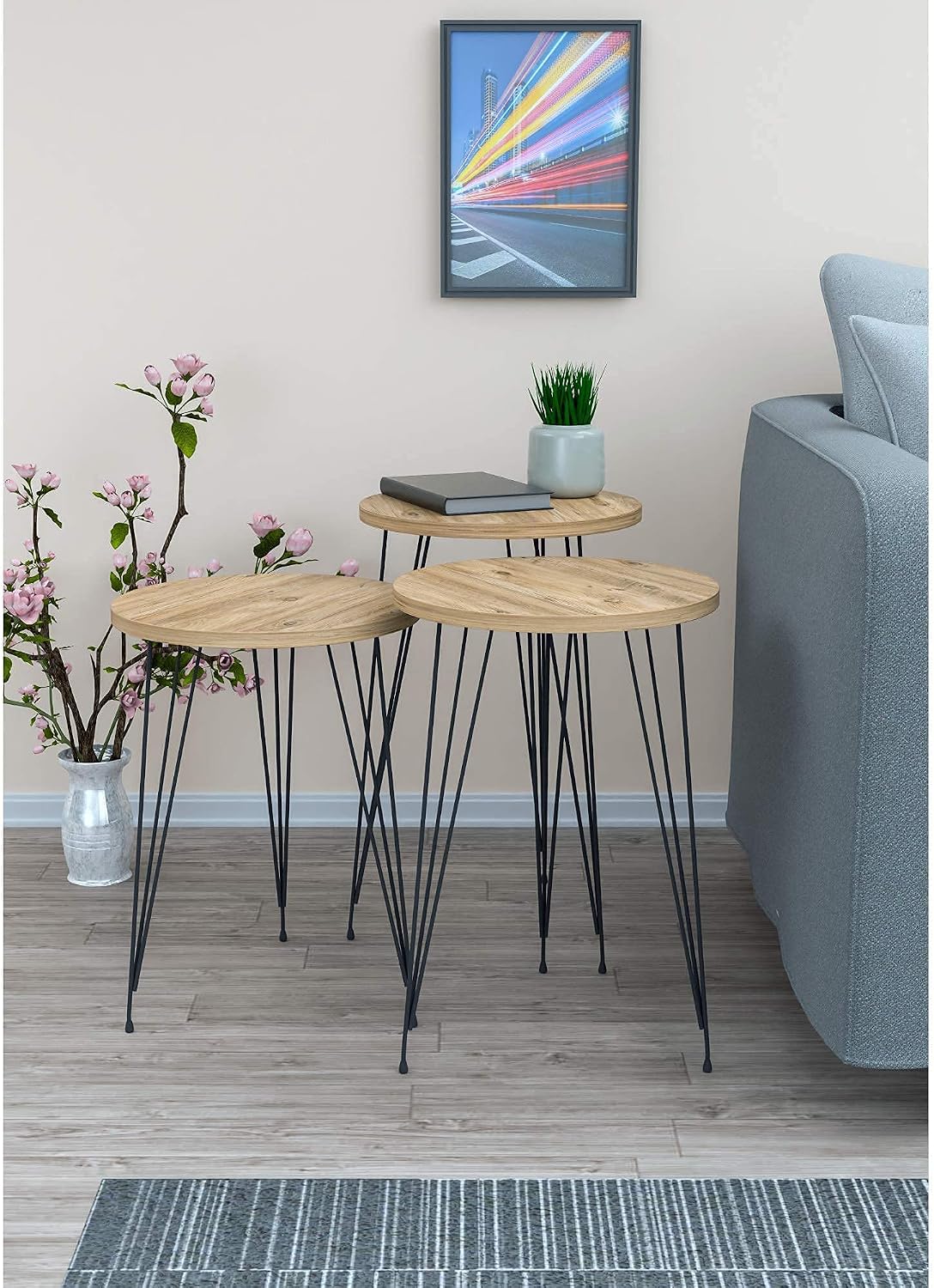 Set of 3 Pine Wood Nesting End Tables Round Wood Stacking Coffee Side Accent Table with Metal Legs for Living Room, Home Office, Nightstands for Bedroom