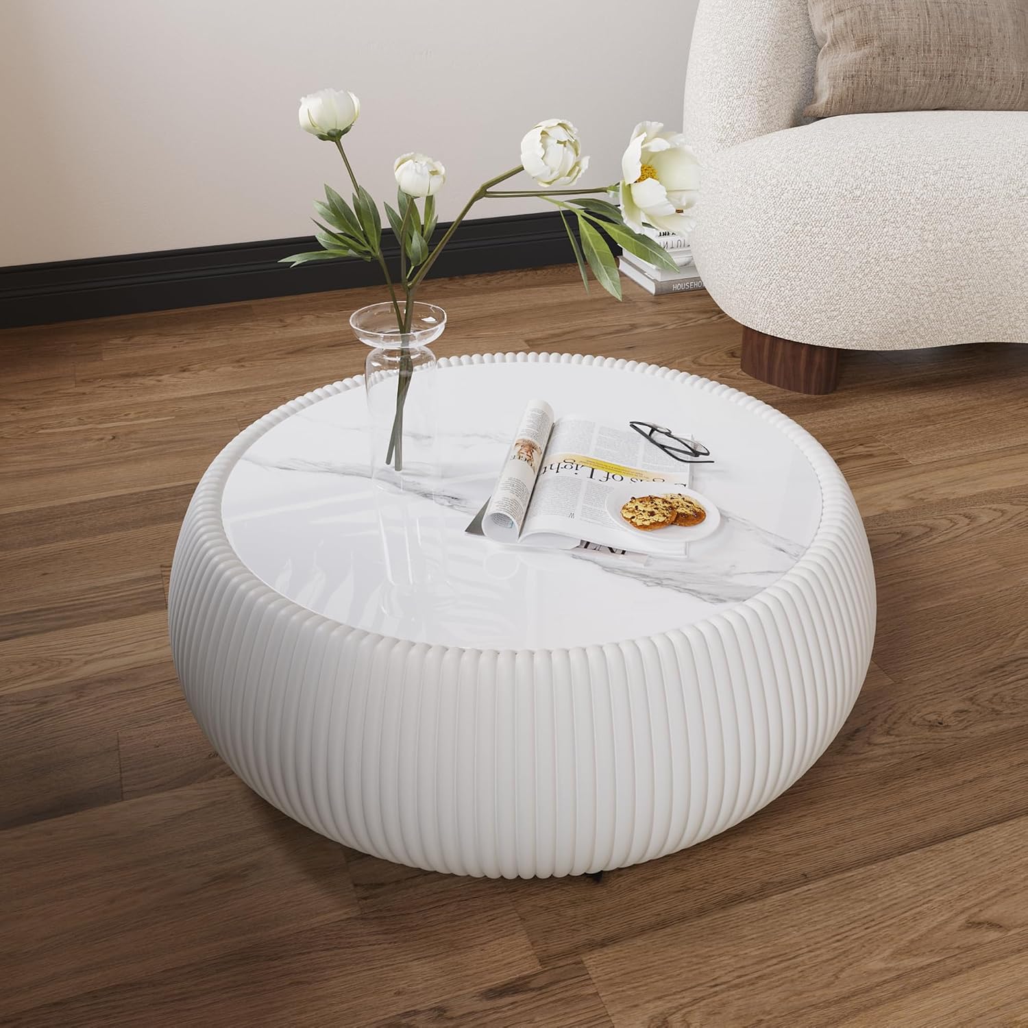 27.5' Drum Coffee Table, Light Grey Sintered Stone Top & Leather Base, Modern Round Side Table for Living Room, No Assembly