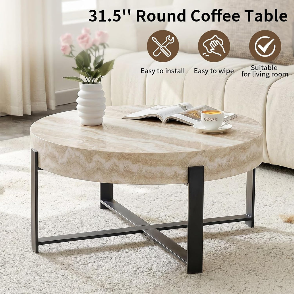 Round Coffee Table, Small Wood Coffee Table with Storage, Modern Wood Circle Table with Metal Frame, Round Accent Center Tables for Living Room Apartment Small Space