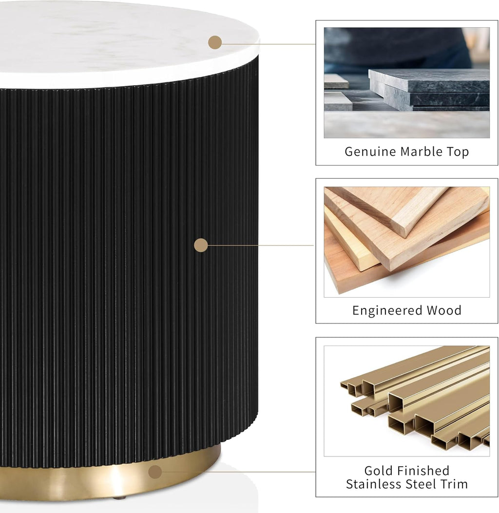 Furniture of America Beryl Modern Round White Genuine Marble Top End Table with Fluted Pedestal Base and Gold Stainless Steel Accent, Low Profile Table for Living Room, Home Office, Black