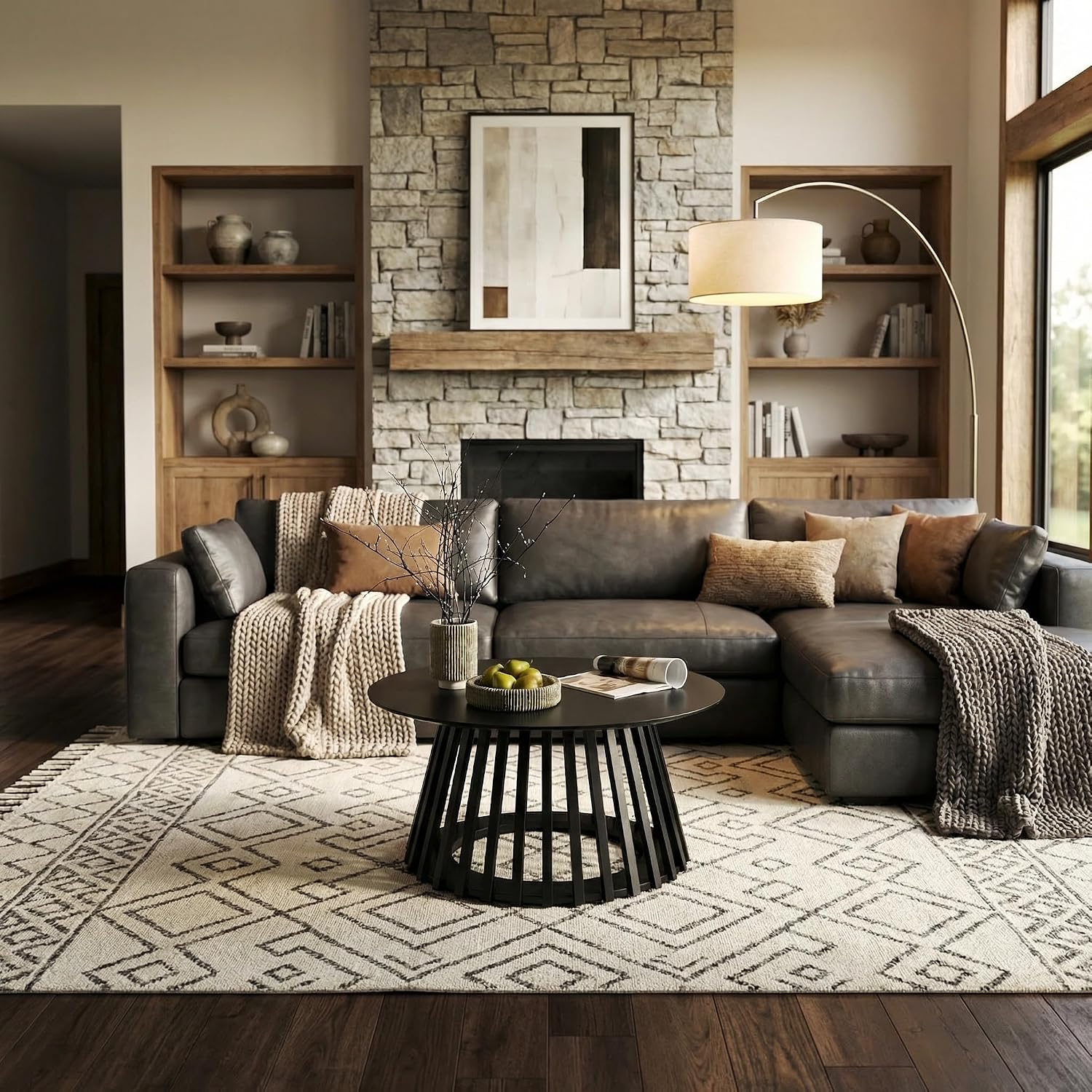 HNY Modern Black Round Coffee Table for Living Room, Mid Century Wood 31.5' Circle Small Center Table with Wooden Fluted Base for Home Small Space, Bedroom, Apartment, Studio
