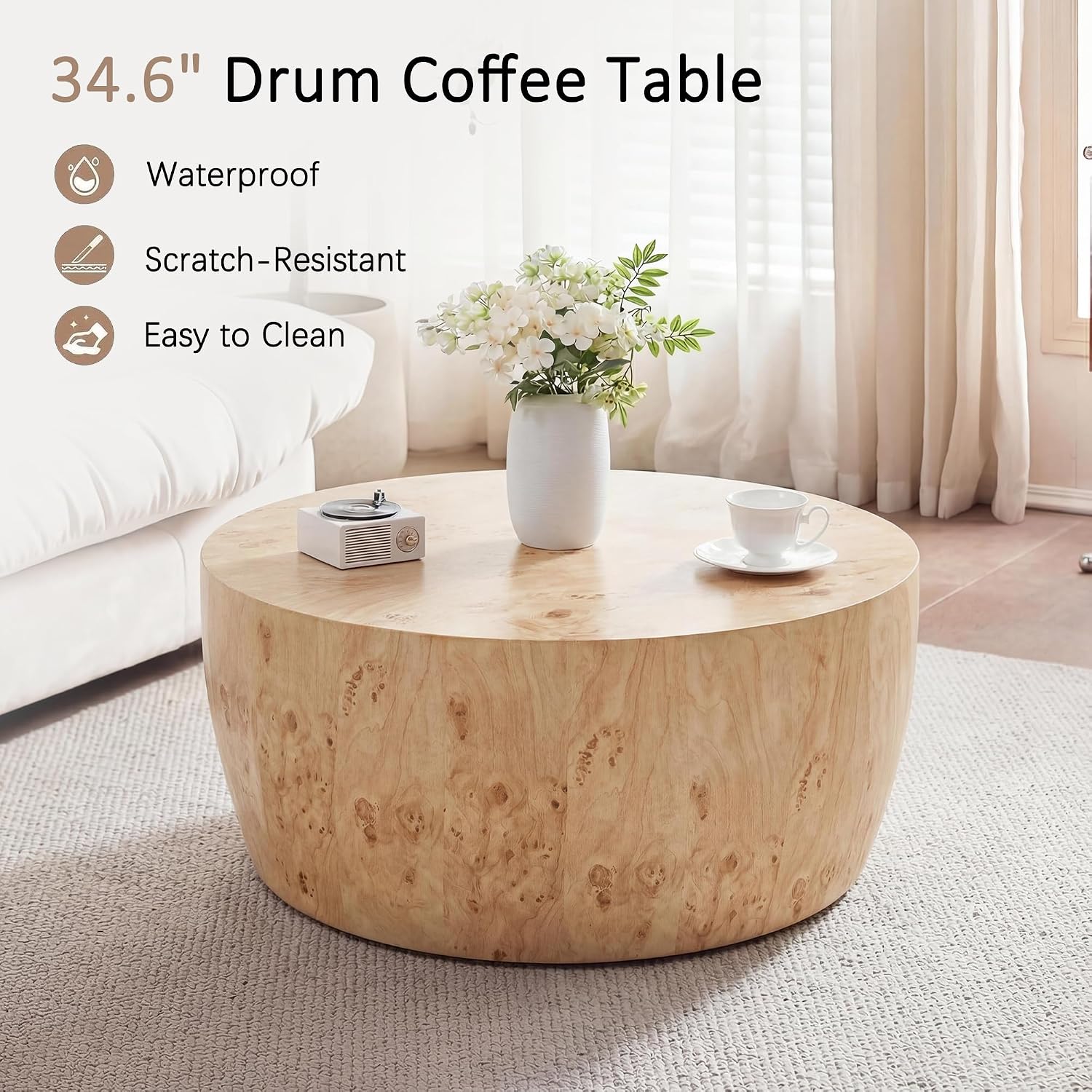 YYQ Upgraded 34.6' Round Coffee Table for Living Room, Burl Faux Marble Pattern Coffee Table, Reversible Drum Coffee Table, Tea Table Wooden Table for Home Office, No Assembly Required