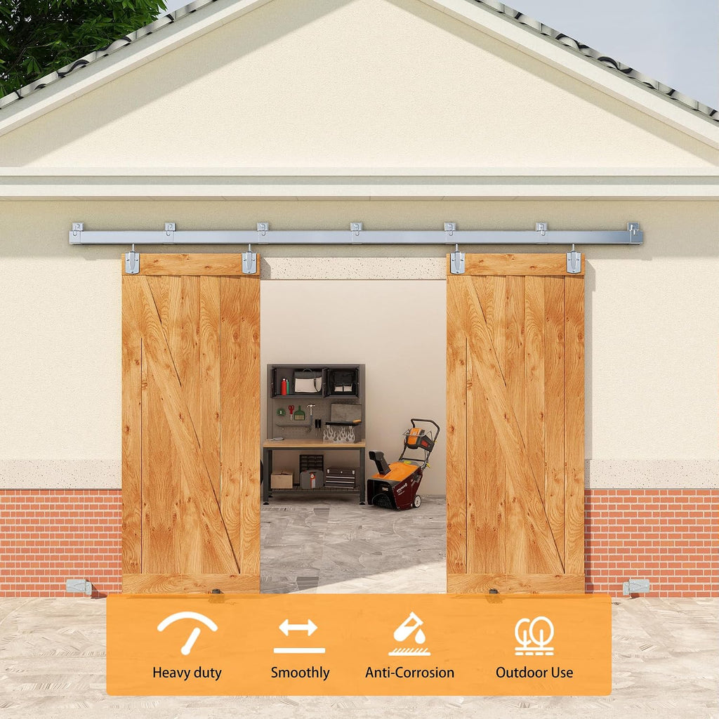 10FT Box Rail Exterior Barn Door Hardware Kit for 2 Doors, Sliding Heavy Duty Barn Door Track, Wall Mount Barn Door Hardware with 7 Track Brackets,Silver(Doors NOT Include)