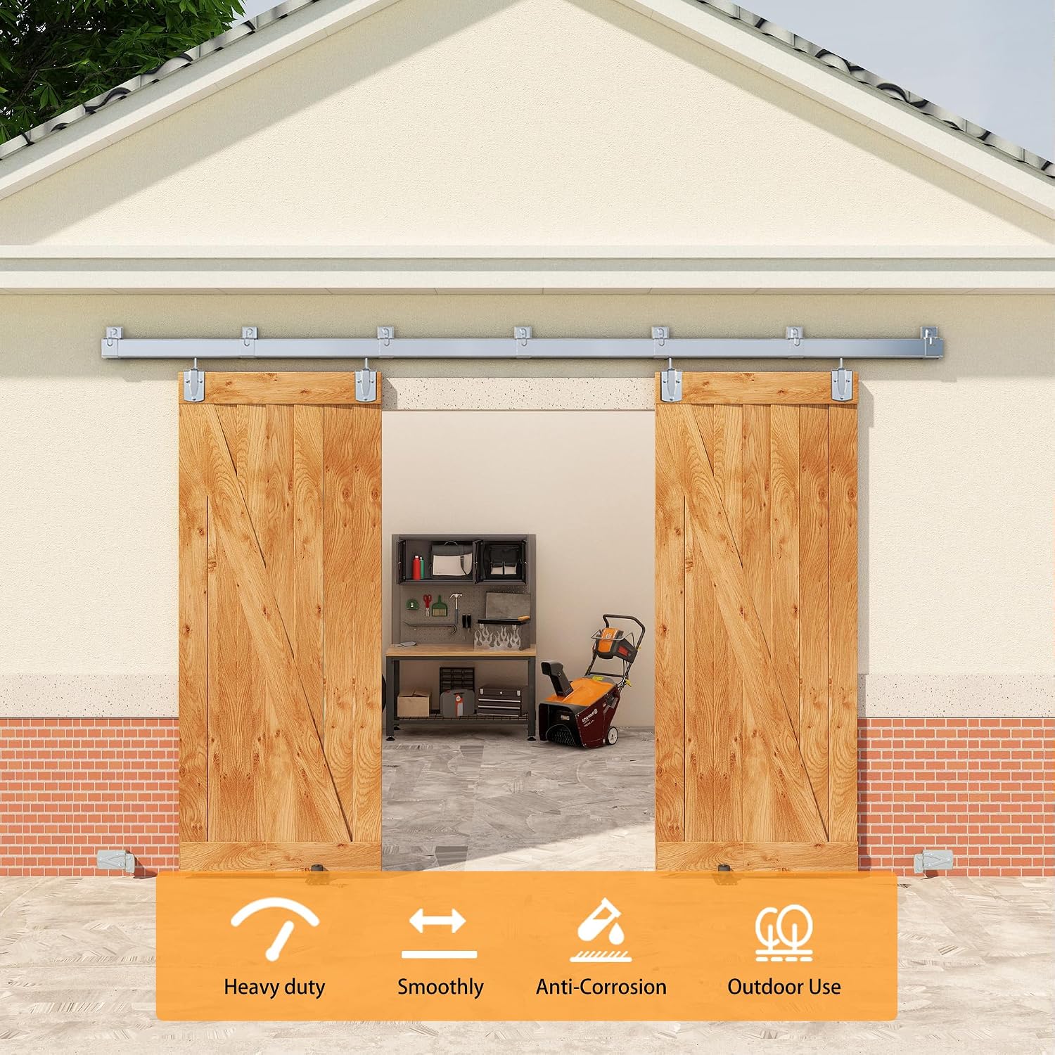 10FT Box Rail Exterior Barn Door Hardware Kit for 2 Doors, Sliding Heavy Duty Barn Door Track, Wall Mount Barn Door Hardware with 7 Track Brackets,Silver(Doors NOT Include)