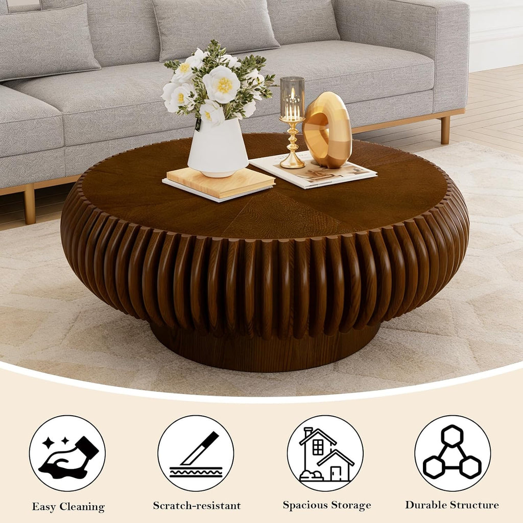 31.49' Round Fluted Coffee Table Unique Contemporary Wood Low Circle Drum Tea Tables with Sturdy Pedestal for Small Space (I Walnut 31.49in)