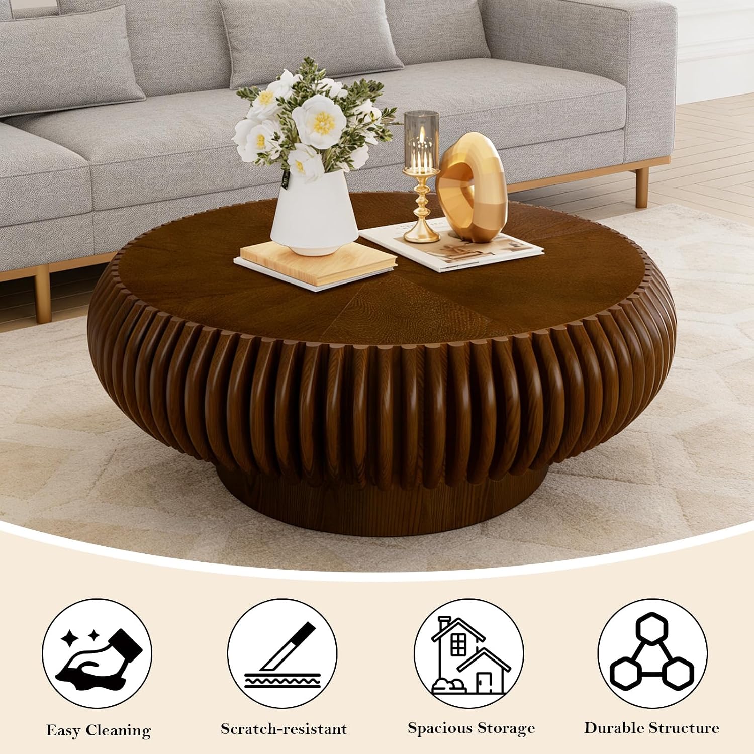 31.49' Round Fluted Coffee Table Unique Contemporary Wood Low Circle Drum Tea Tables with Sturdy Pedestal for Small Space (I Walnut 31.49in)