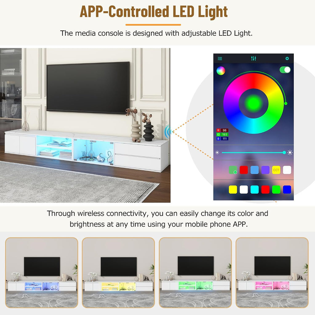 Virubi TV Stand with Faux Marble Tabletop for TVs Up to 105', Modern Media Console with APP Controlled LED & Tempered Glass Doors, Entertainment Center with Drawers for Living Room, White
