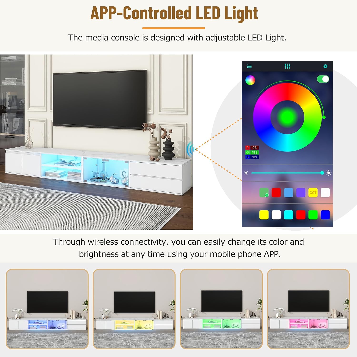 Virubi TV Stand with Faux Marble Tabletop for TVs Up to 105', Modern Media Console with APP Controlled LED & Tempered Glass Doors, Entertainment Center with Drawers for Living Room, White