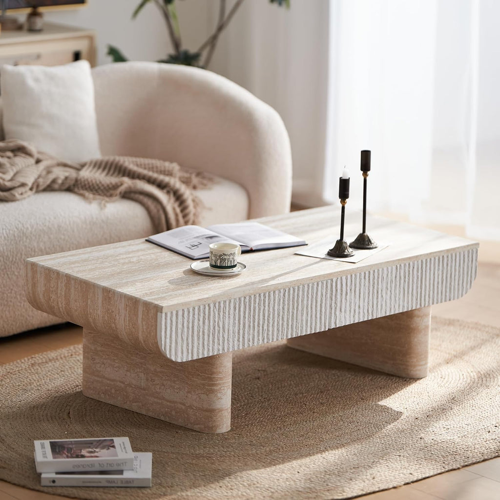 47' Travertine Coffee Table with Storage, Mid-Century Modern Fluted Coffee Tables with 2 Drawers for Living Room, Large Rectangular Coffee Center Tea Table with Sturdy Legs for Apartment Small Spaces
