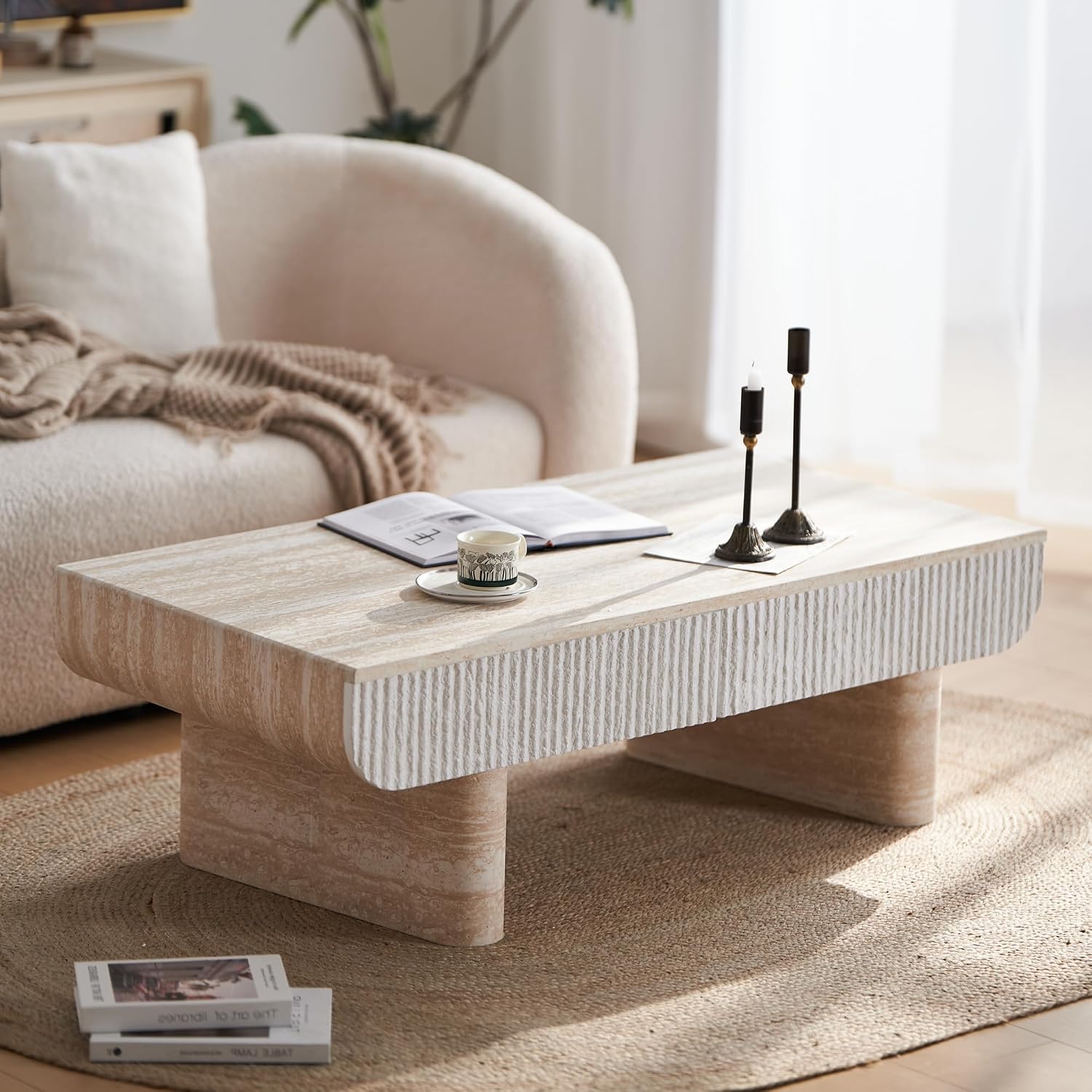 47' Travertine Coffee Table with Storage, Mid-Century Modern Fluted Coffee Tables with 2 Drawers for Living Room, Large Rectangular Coffee Center Tea Table with Sturdy Legs for Apartment Small Spaces