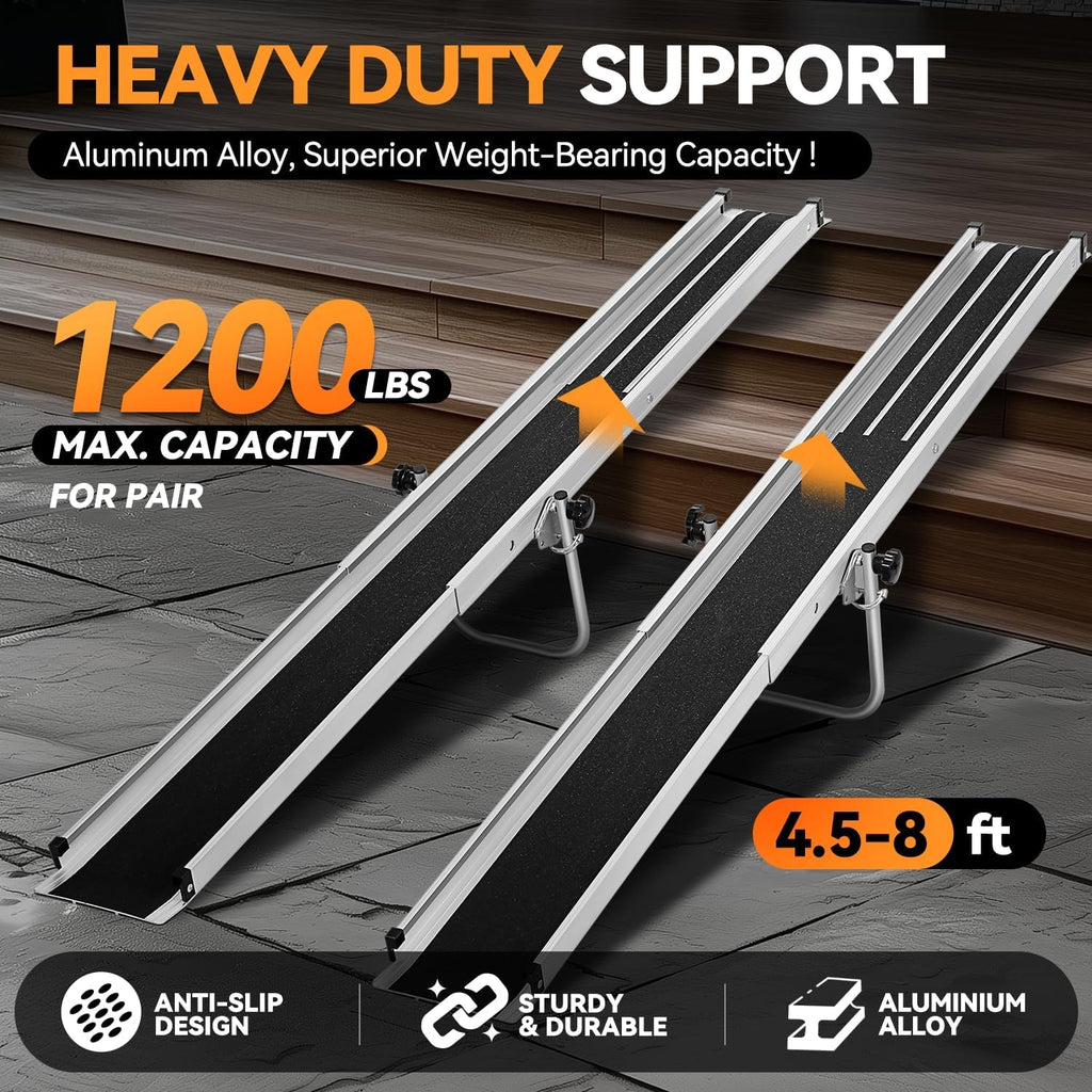 Auto Dynasty 8FT Adjustable Wheelchair Ramp with Support Stand, Portable Telescoping Folding Aluminum Wheel Chair Threshold Ramps for Home Steps Doorways, 96' L x 7.4' W, 1200Lbs Capacity (2 Pack)