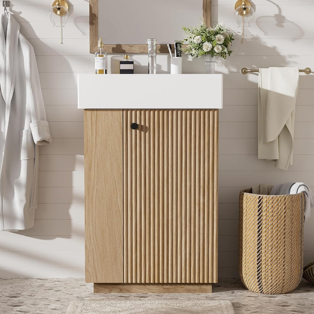 Space-Saving 21.6' Bathroom Vanity with Sleek Ceramic Sink, Freestanding Right Door MDF Cabinet - Perfect for Compact Bathrooms!