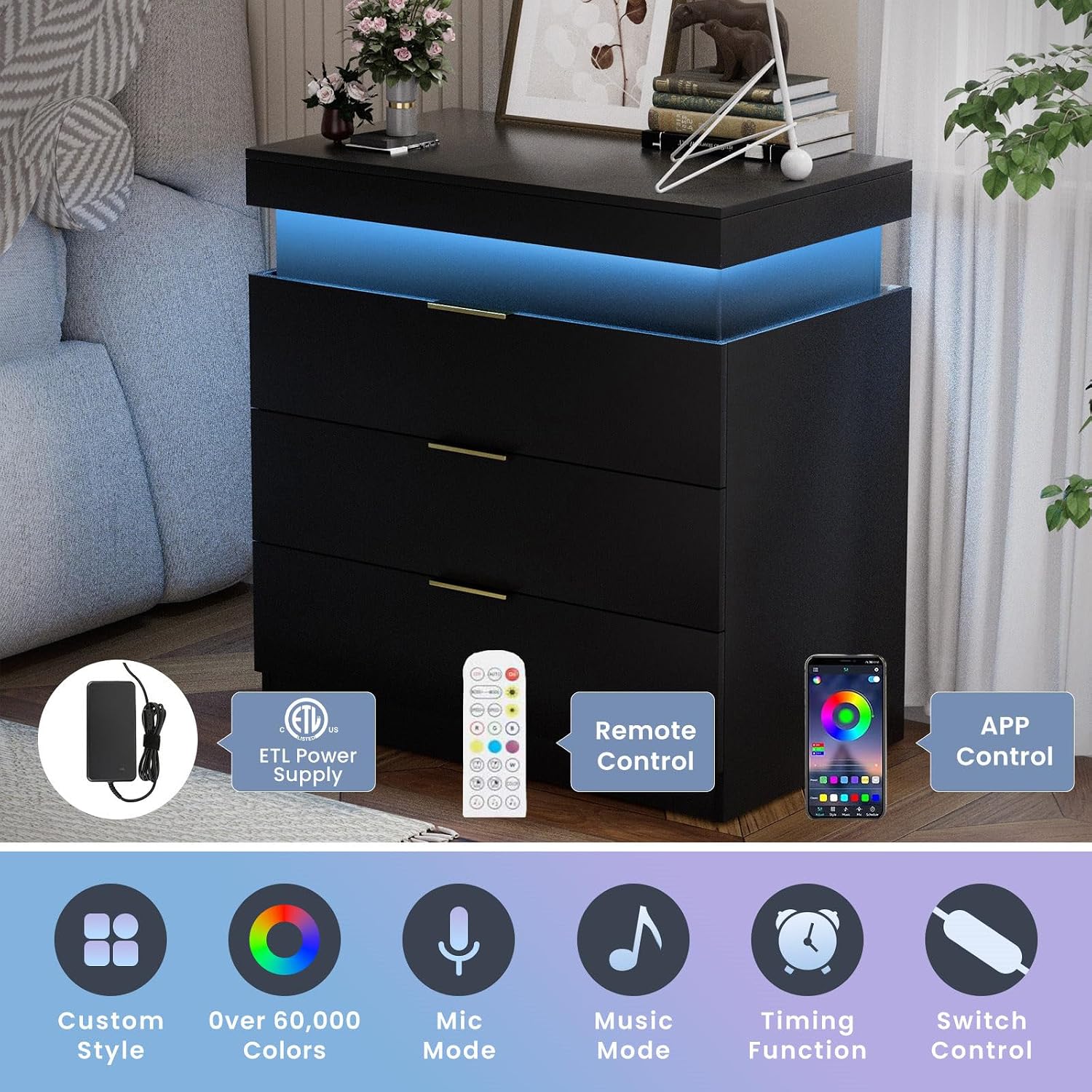 Black Nightstand with Charging Station and LED Lights,30.5 Inch Tall Night Stand with Sliding Top for Bedroom, Bedside Table with 3 Drawers, Modern End Side Table for Living Room