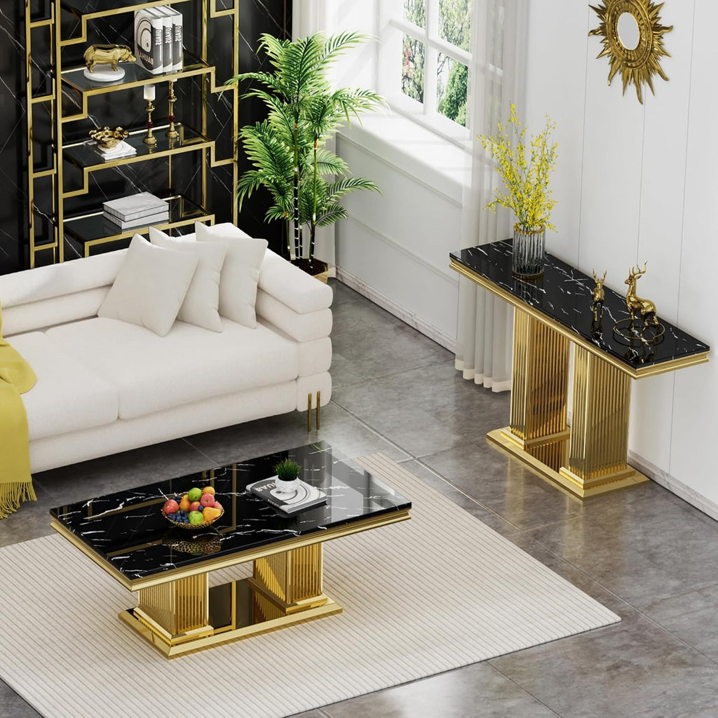2 Pieces Living Room Table Set, Faux Marble Coffee Table Set of 2, Modern Coffee Table and Console Table with Column-Shaped Stainless Steel Base for Living Room Office Black Gold