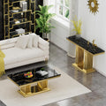 2 Pieces Living Room Table Set, Faux Marble Coffee Table Set of 2, Modern Coffee Table and Console Table with Column-Shaped Stainless Steel Base for Living Room Office Black Gold