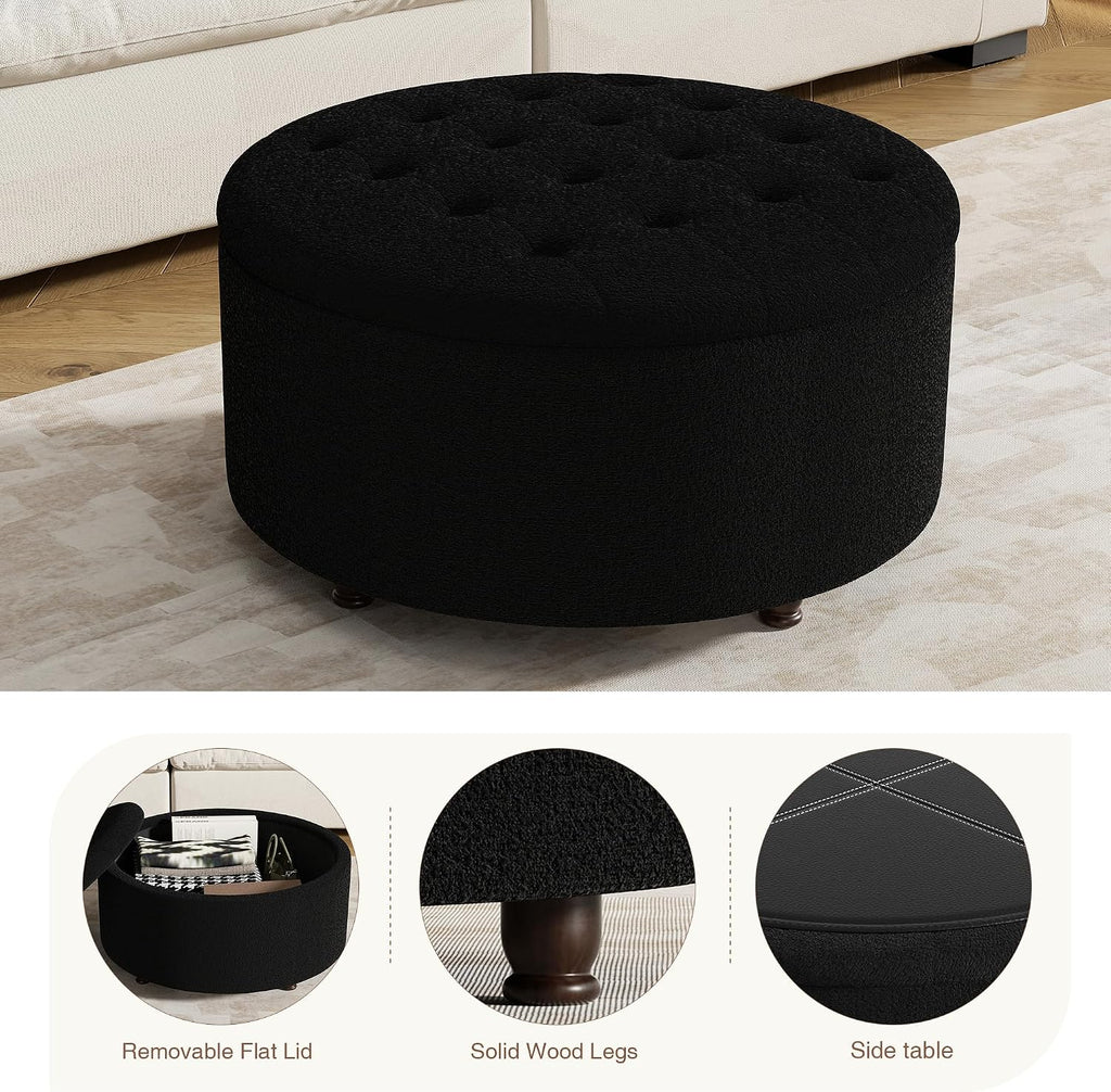 30 Inch Round Storage Ottoman,Modern Tufted Ottomans,Circular Coffee Table with Removable Top,Upholstered Large Ottoman with Storage Footrest Stool for Bedroom Living Room (Teddy Black)