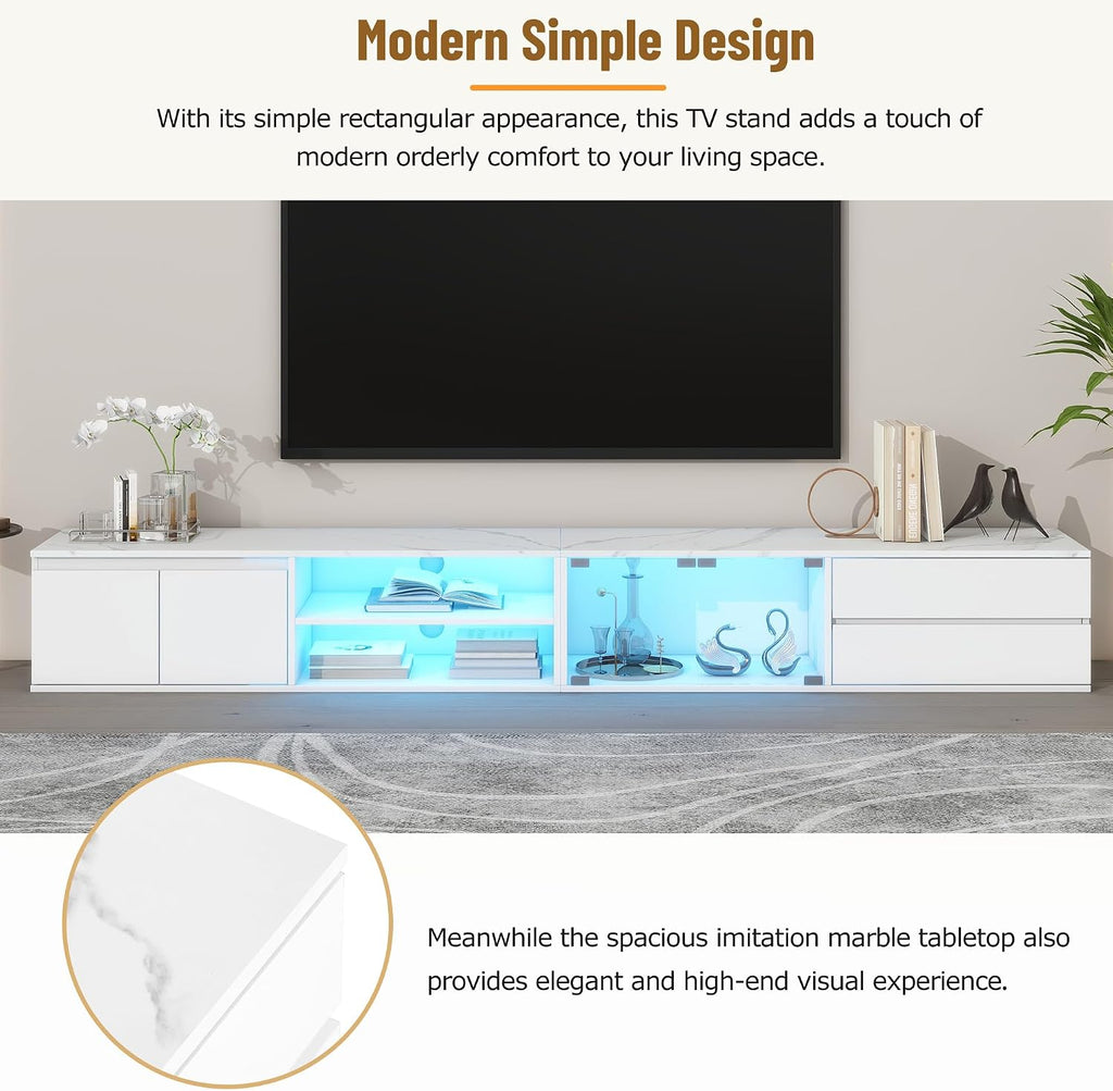 Virubi TV Stand with Faux Marble Tabletop for TVs Up to 105', Modern Media Console with APP Controlled LED & Tempered Glass Doors, Entertainment Center with Drawers for Living Room, White
