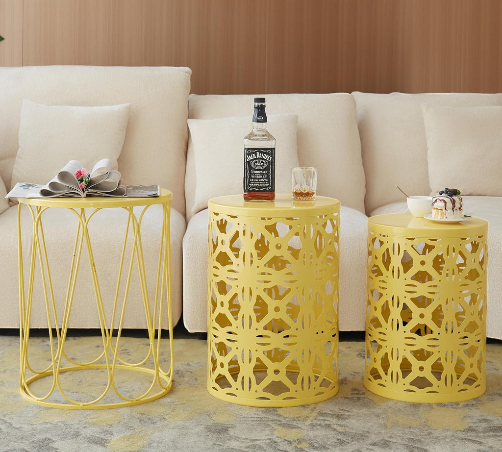 HFHOME Set of 3 Metal Outdoor Side Table, Nesting Round Coffee Table for Indoor Outdoor, Heavy Duty End Tables Plant Stand Living Room Garden Stool - Yellow