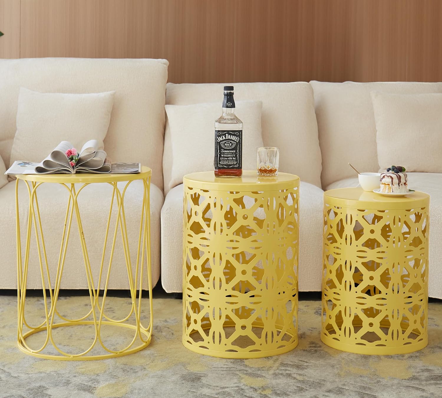 HFHOME Set of 3 Metal Outdoor Side Table, Nesting Round Coffee Table for Indoor Outdoor, Heavy Duty End Tables Plant Stand Living Room Garden Stool - Yellow