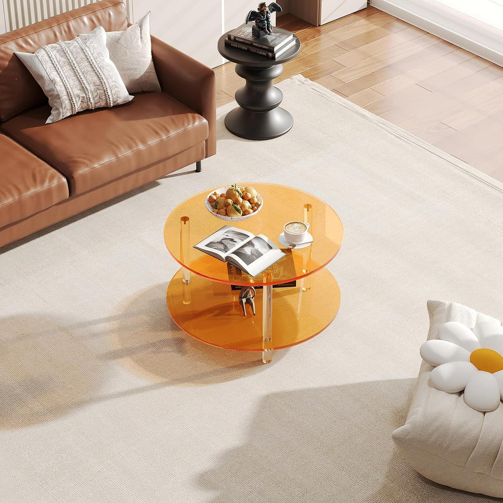 Acrylic Round Coffee Table, 23.6' Wide Modern Tea Table with Storage Shelf, 2-Tier Circle Center Table for Living Room, Office Reception and Apartment (Orange)