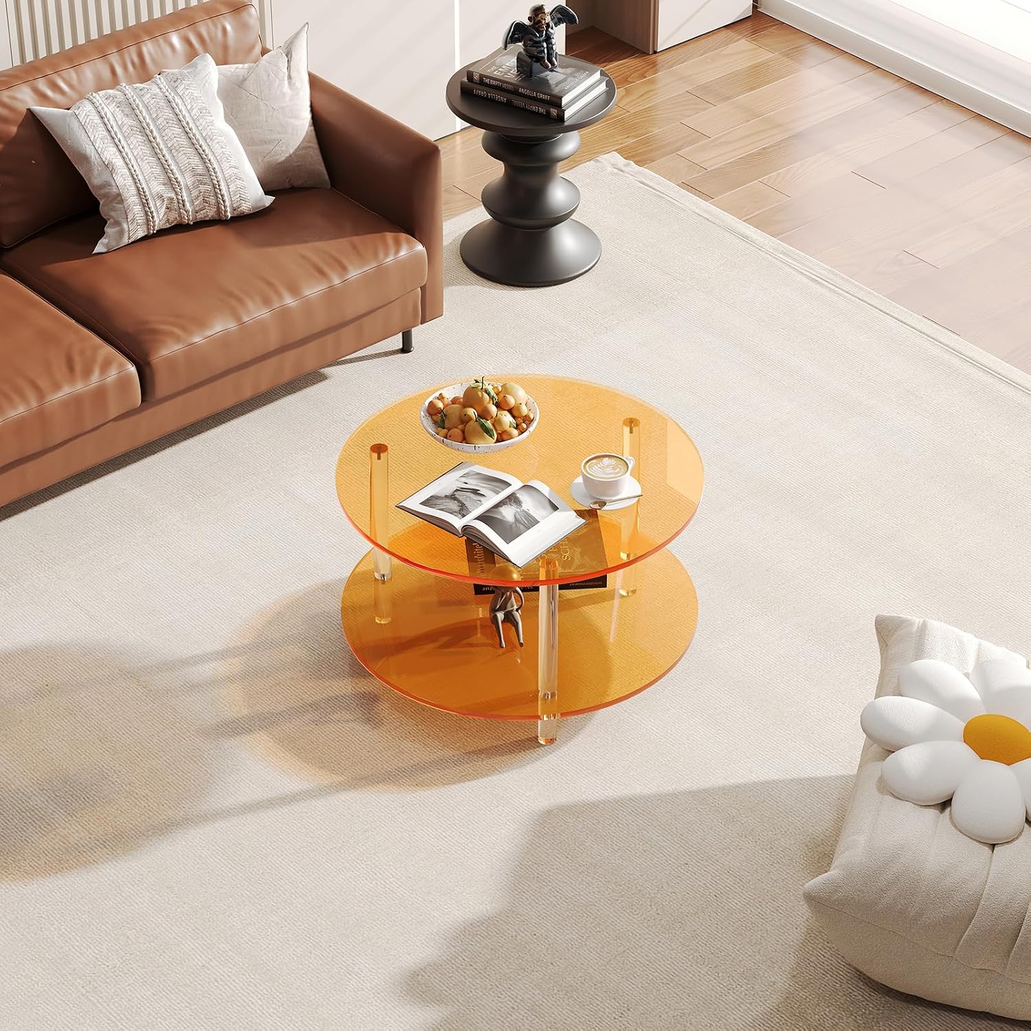Acrylic Round Coffee Table, 23.6' Wide Modern Tea Table with Storage Shelf, 2-Tier Circle Center Table for Living Room, Office Reception and Apartment (Orange)