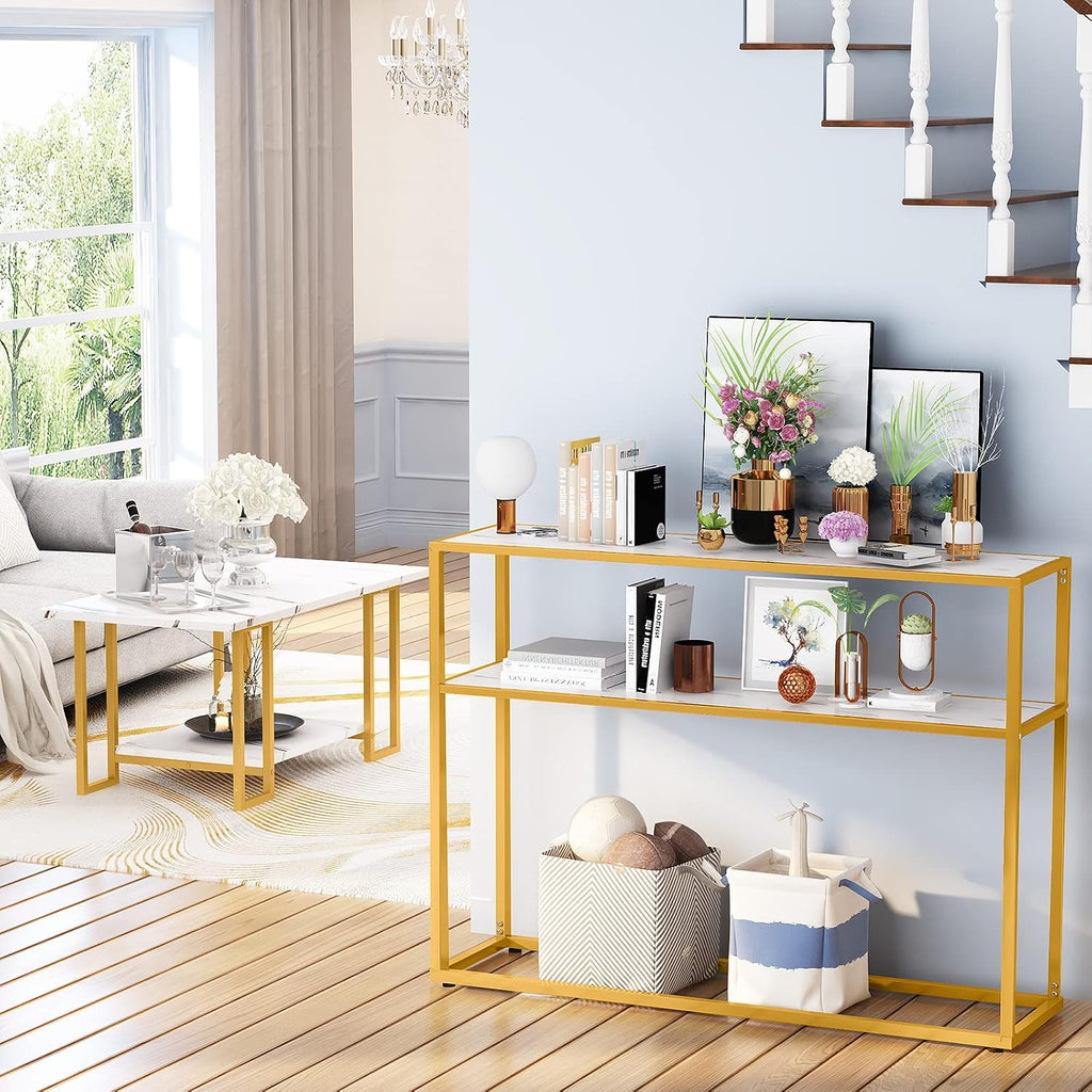 Lamerge 3pcs Living Room Table Set, Faux Marble Coffee Table with Round End Side＆Console Table, Modern White Coffee Table Set with Gold Metal Frame for Home Living Room Office Entryway, Round End
