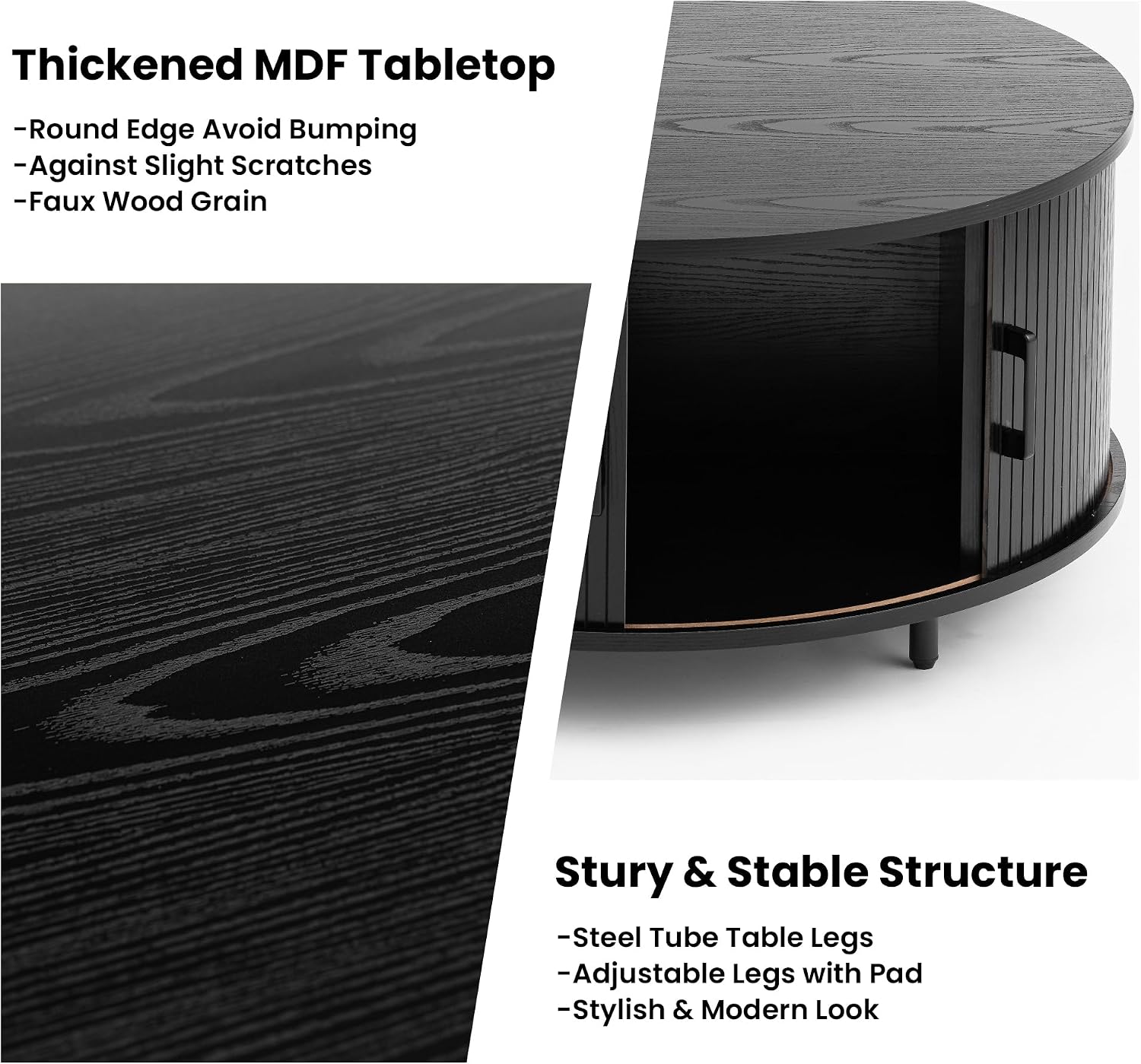 HOMPUS Round Coffee Table with Storage, 31.5' Mid Century Modern Coffee Table with 360° Sliding Door, Fluted Wooden Coffee Table with Adjustable Footpads, Center Table for Living Room, Black