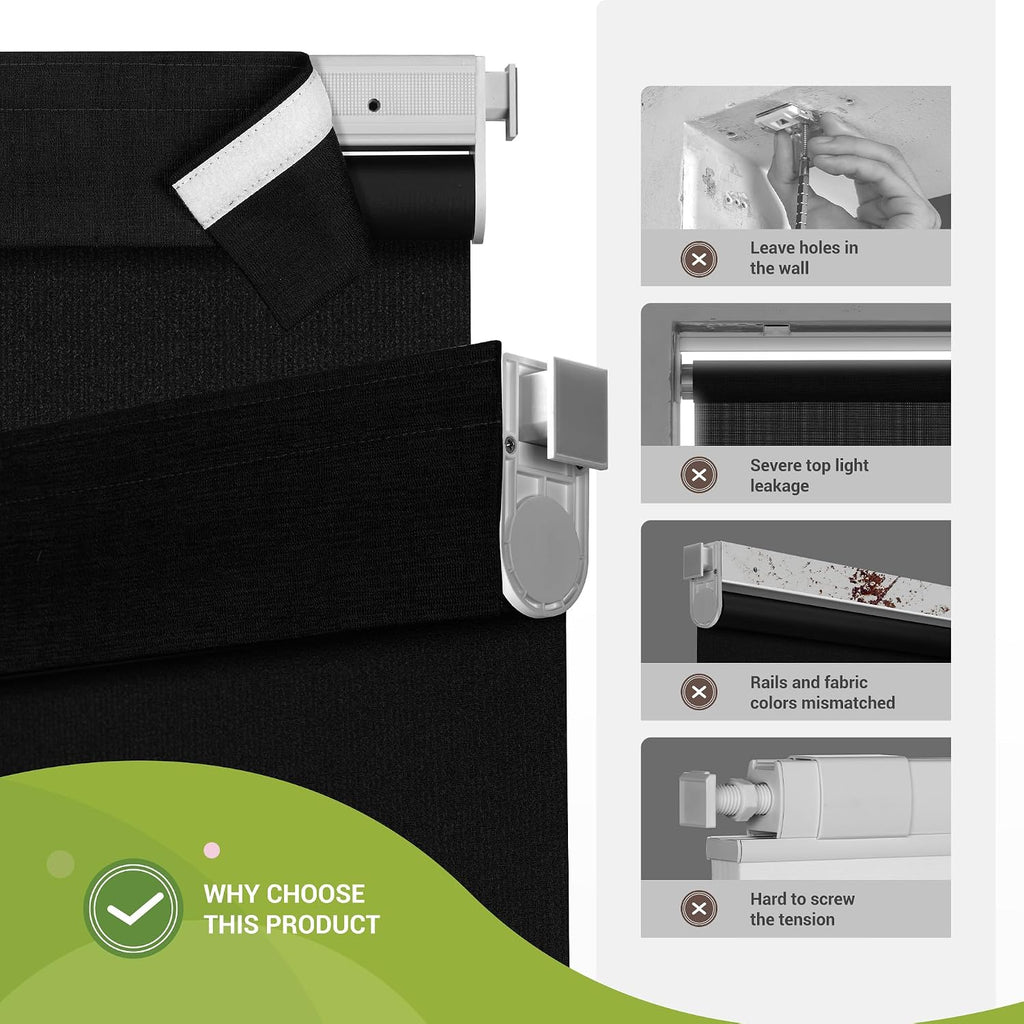 No Drill No Tools Blackout Roller Shades for Windows, Cordless Blinds with Linen Fabric-Matched, Custom Roller Blinds for Home Office Door, Black, 63.5' W x 56' H