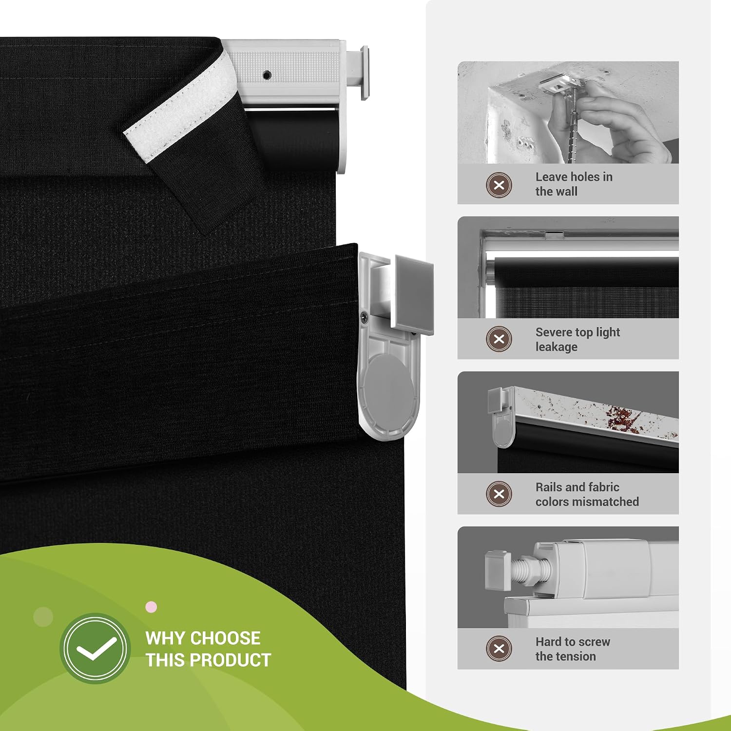 No Drill No Tools Blackout Roller Shades for Windows, Cordless Blinds with Linen Fabric-Matched, Custom Roller Blinds for Home Office Door, Black, 63.5' W x 56' H