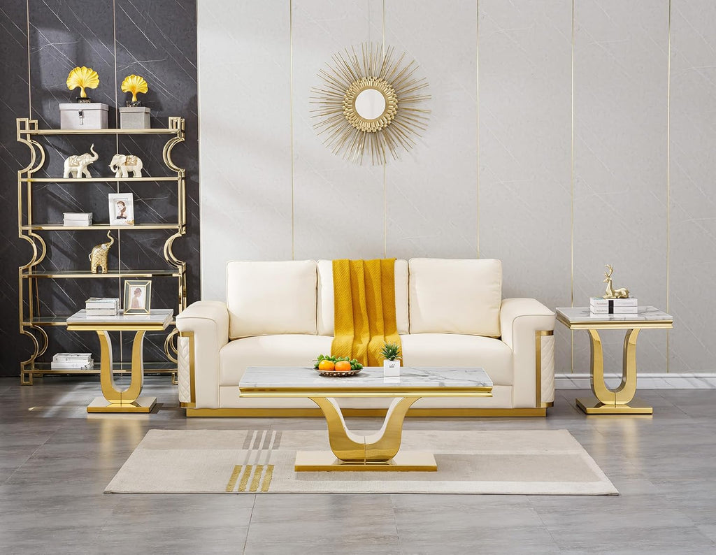 3 Piece Living Room Table Set, Faux Marble Coffee Table Set of 3, Modern White Coffee Table and 2 End Tables with Gold Stainless Steel U-Base for Living Room Home Office