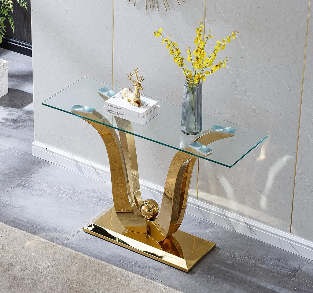 Modern Gold Glass Console Table, 47' Rectangle Entryway Table with Tempered Glas Top & Stainless Steel Frame, Luxury Glass Console Table Behind Sofa Table Hallway Table for Entrance Living Room