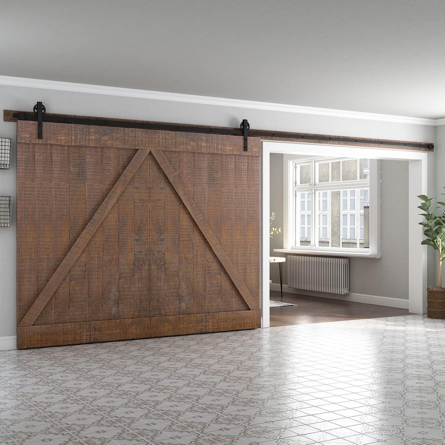 SMARTSTANDARD 18 Feet Heavy Duty Sliding Barn Door Hardware Kit, 4FT - 18FT, Black, Smoothly and Quietly, Simple and Easy to Install, Fit 108' Wide DoorPanel (Industrial Bigwheel Hangers)