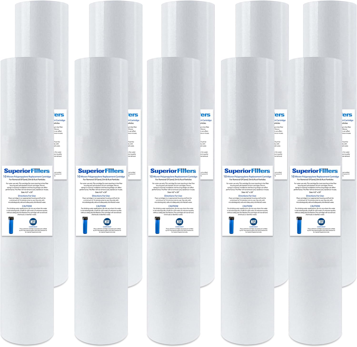 10 Micron Sediment water Filter - Whole House Water Filter Cartridge - 4.5 x 20-inch Replacement - Compatible with All Whole House Water Filter System - (20 X 4.5, 10 Count)