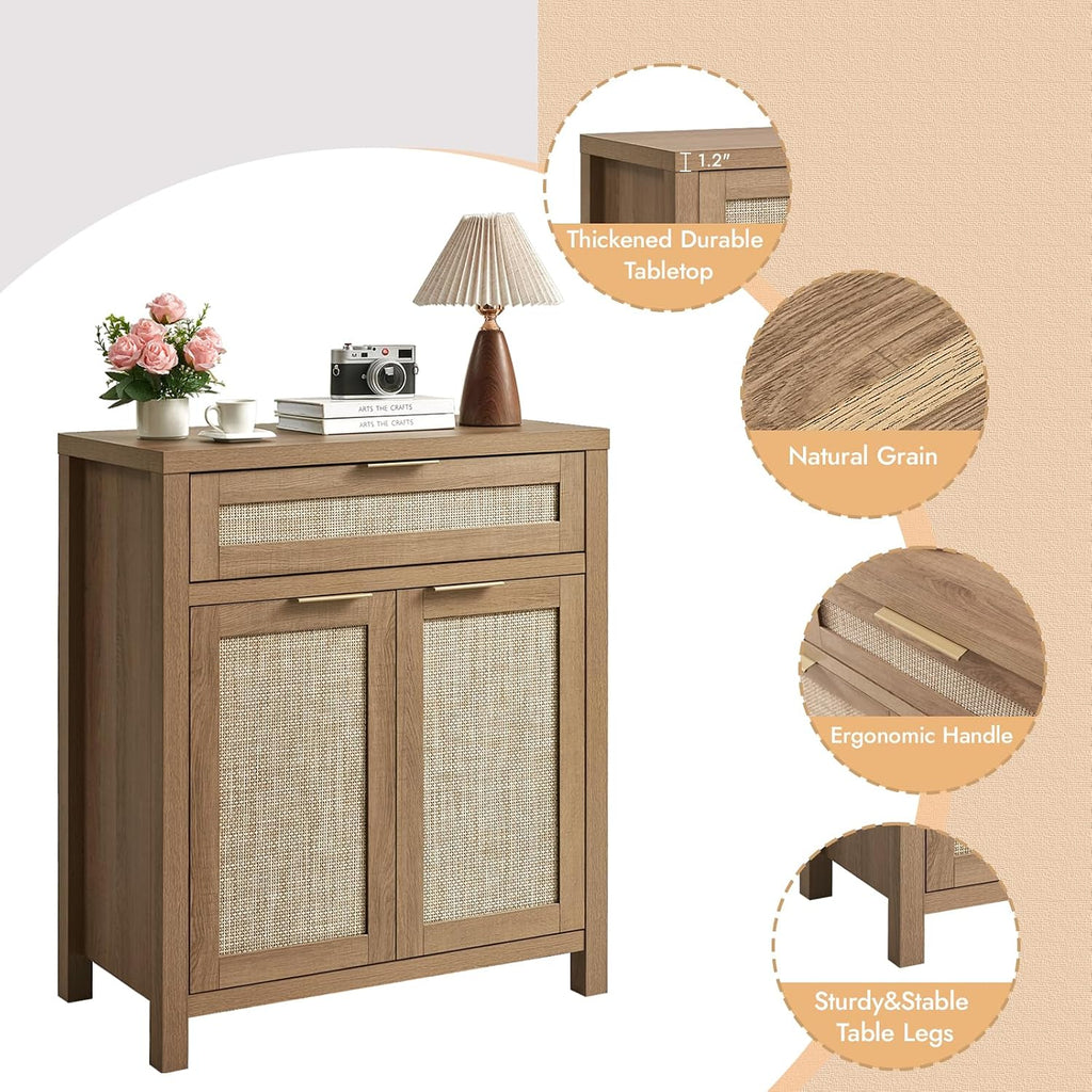 HOKYHOKY Rattan Sideboard Buffet Cabinet Set of 3, Boho Storage Cabinet with Adjustable Shelves, Farmhouse Credenza Coffee Bar Table with Doors & Drawer for Living Room, Hallway & Kitchen