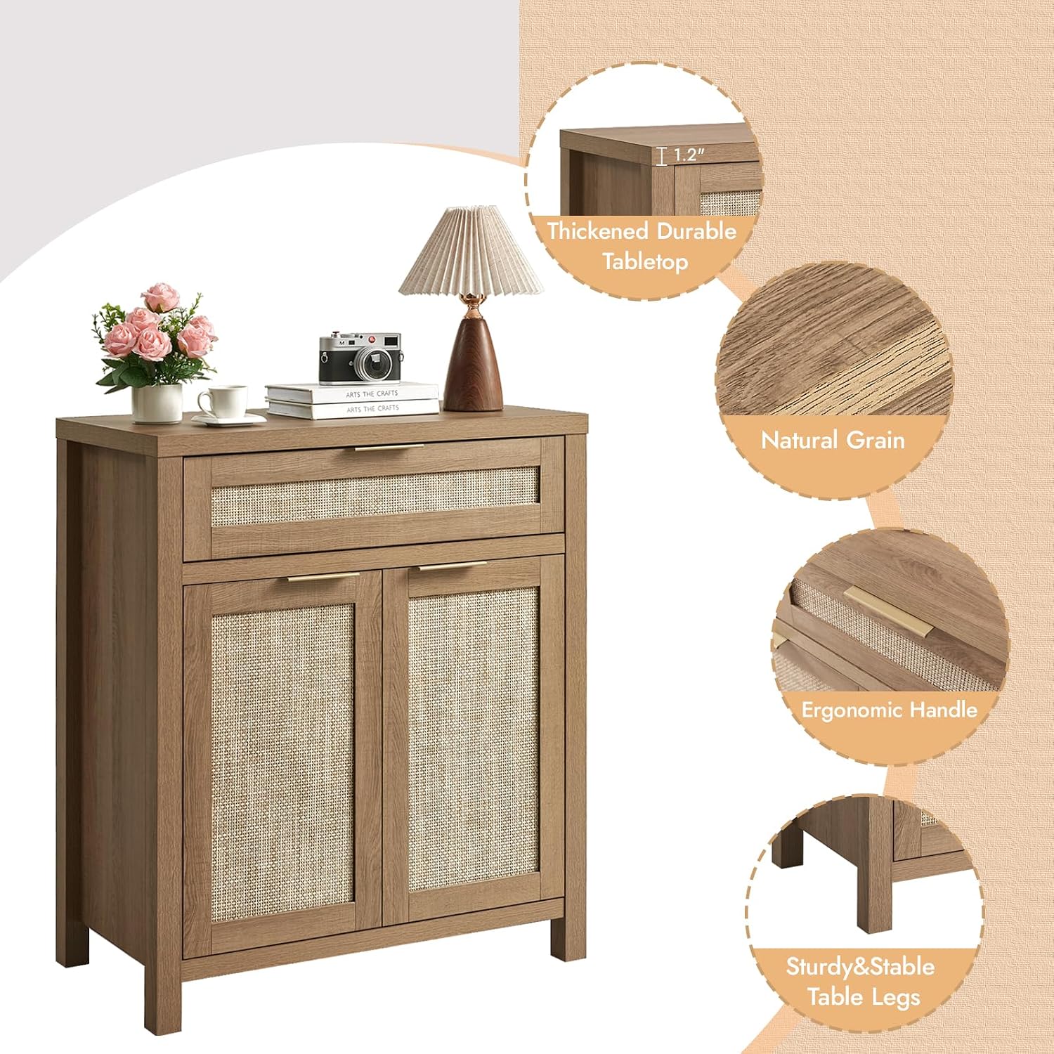 HOKYHOKY Rattan Sideboard Buffet Cabinet Set of 3, Boho Storage Cabinet with Adjustable Shelves, Farmhouse Credenza Coffee Bar Table with Doors & Drawer for Living Room, Hallway & Kitchen